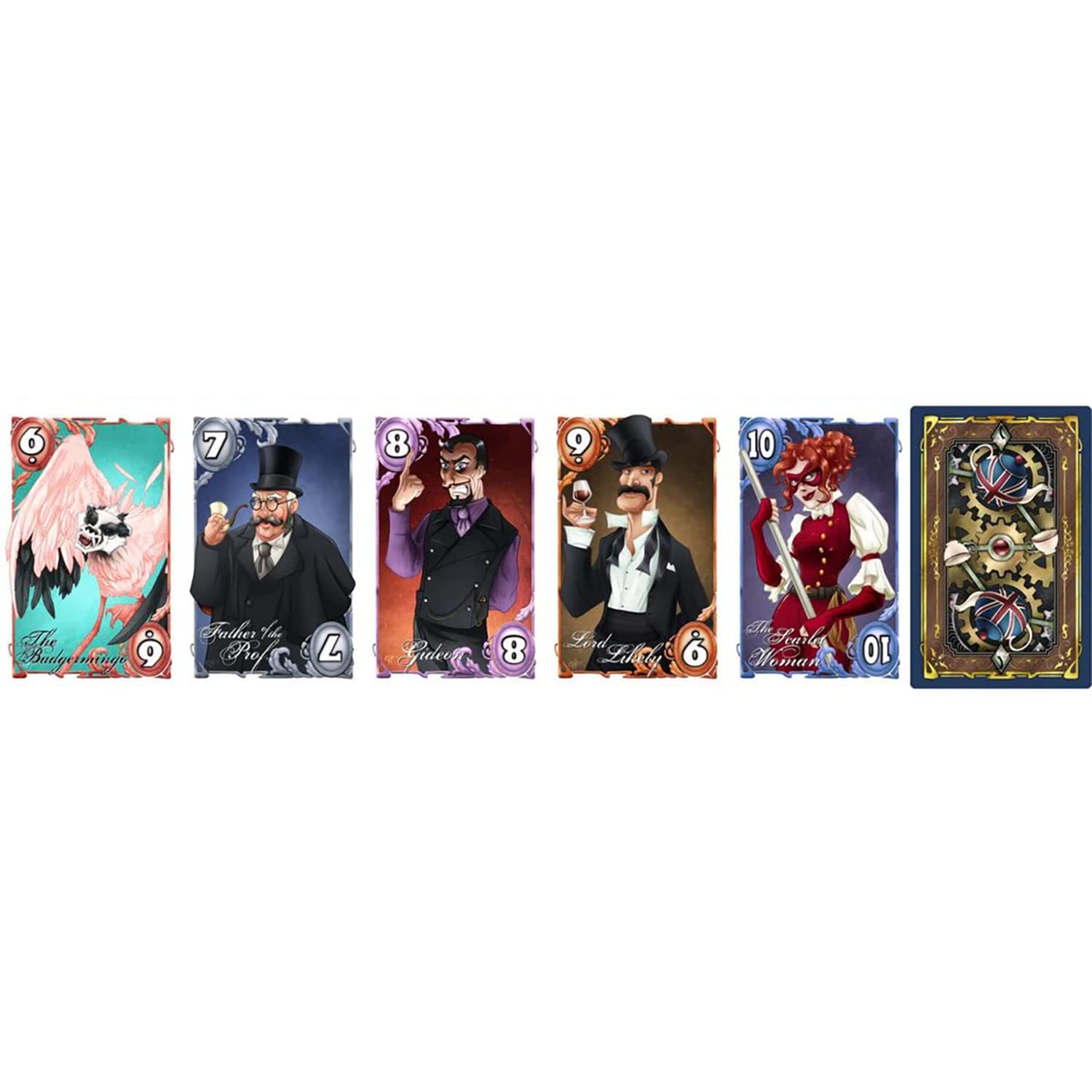 Six illustrated steampunk character cards displayed: five unique characters (creature, gentlemen, woman) and one ornate card back
