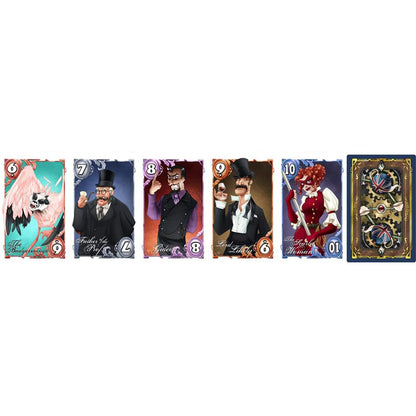 Six illustrated steampunk character cards displayed: five unique characters (creature, gentlemen, woman) and one ornate card back