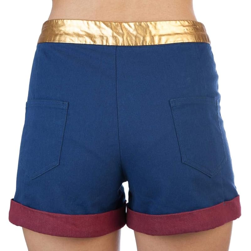 Blue high-waisted shorts with gold waistband and red cuffs