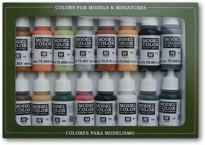 A green box holds 16 small bottles of multi-colored Vallejo Model Color acrylic paints for models and miniatures
