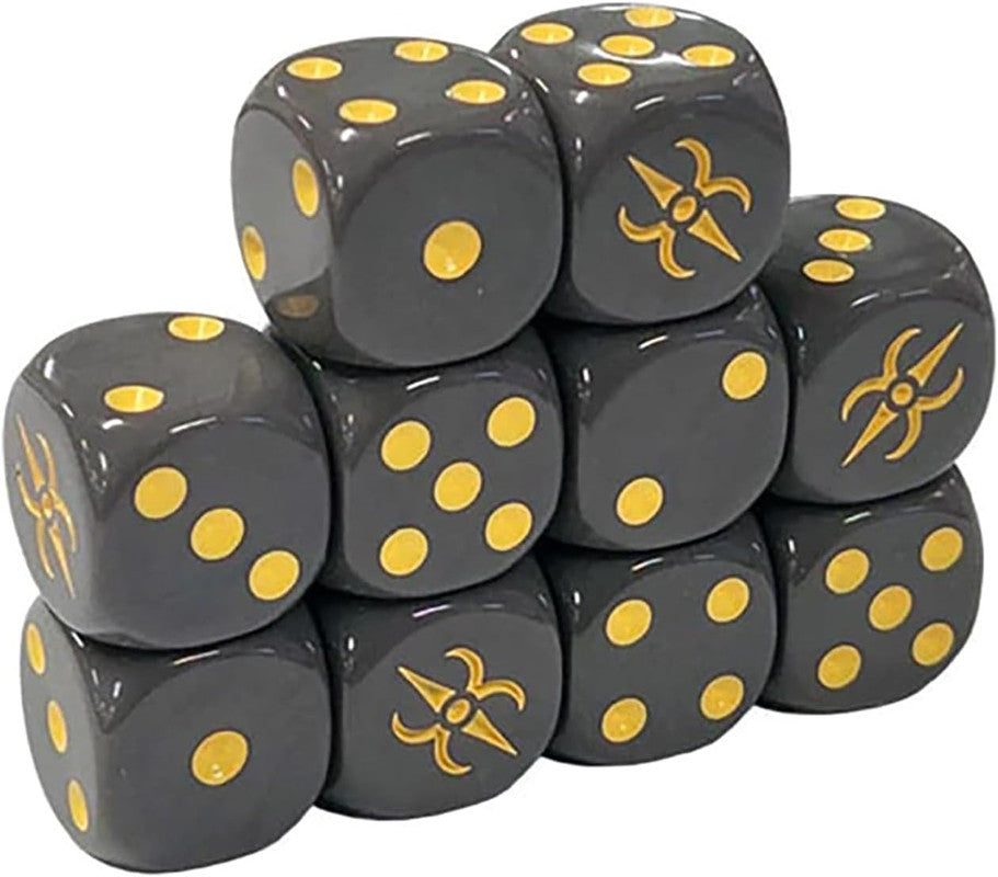 Nine dark gray dice with yellow pips and a stylized yellow symbol on some faces, stacked