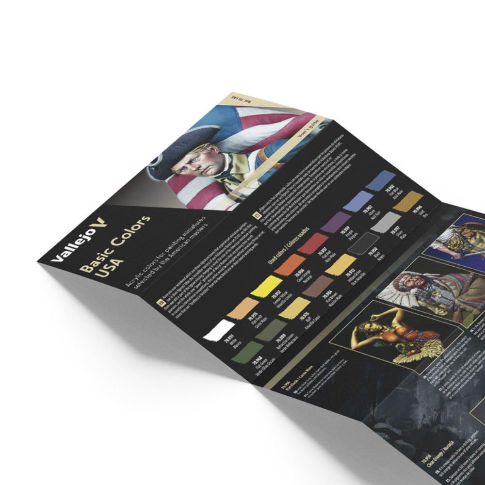 Vallejo Basic Colors USA brochure showing paint swatches and a historical miniature figure