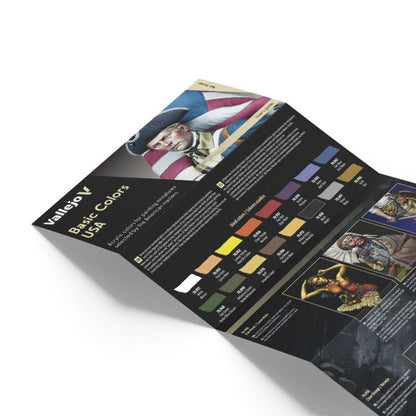 Vallejo Basic Colors USA brochure showing paint swatches and a historical miniature figure