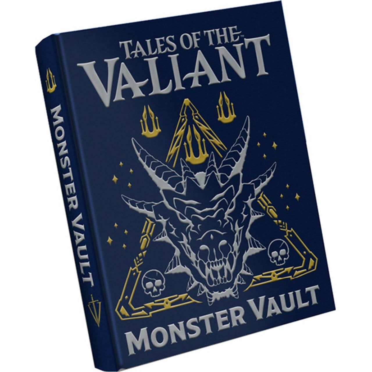 Dark blue 'Tales of the Valiant Monster Vault' book with a fierce silver monster head and gold patterns.