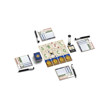 The Wordsy board game is displayed on a white background, featuring green letter cards, numbered golden point cards, a blue card deck, an hourglass timer, and four player scoreboards