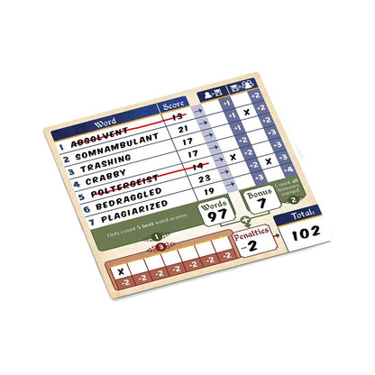 An angled Wordsy game scoring card displaying words, individual scores, bonus points, calculated penalties, and a final total of 102
