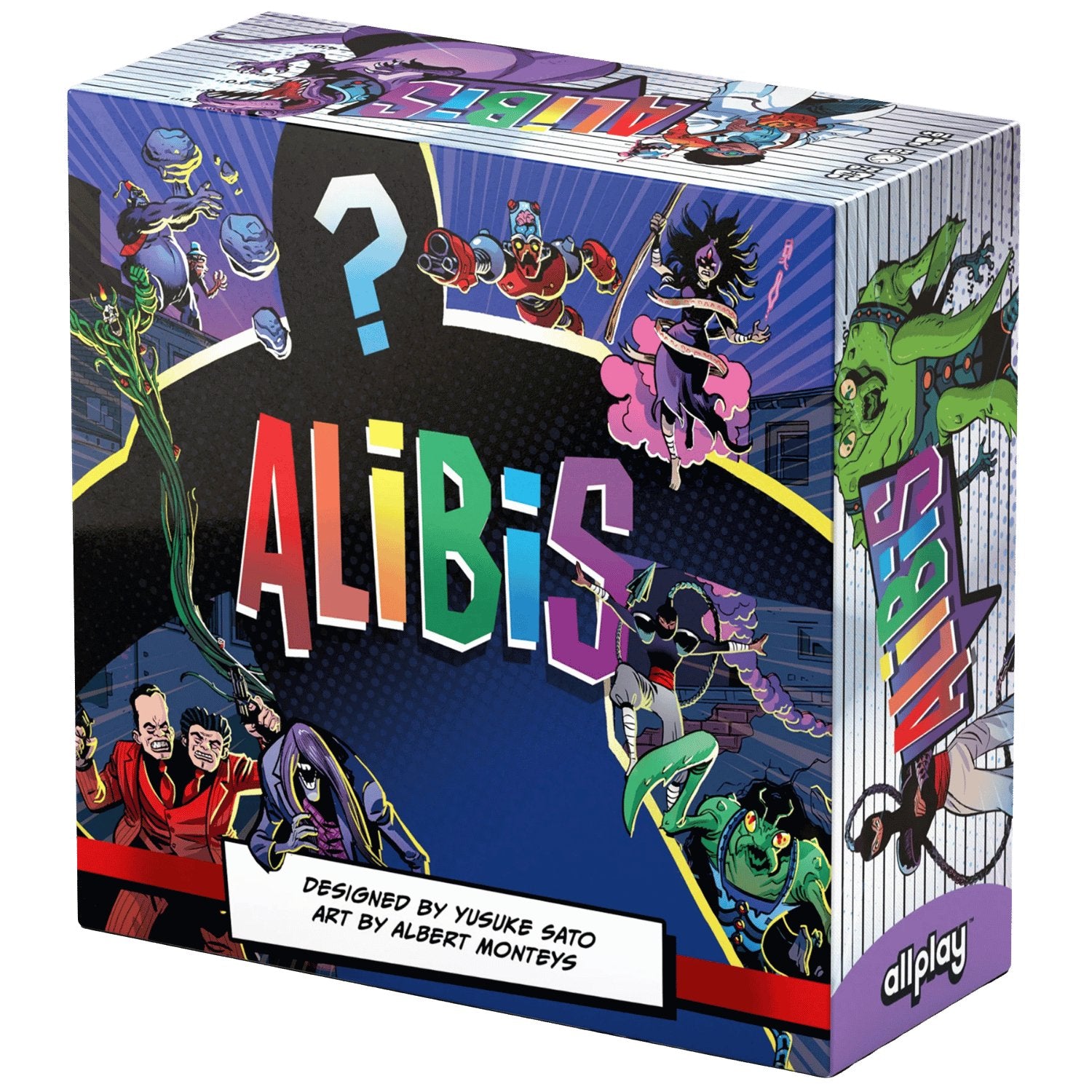 The Alibis board game box displays vibrant comic art with a large question mark, various monsters, and human characters