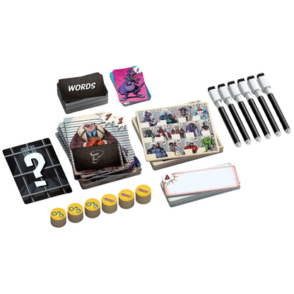 Alibis game components including stacks of cards like WORDS, suspect cards, question mark cards, blank cards, yellow tokens with handcuffs and HEAR, and six markers