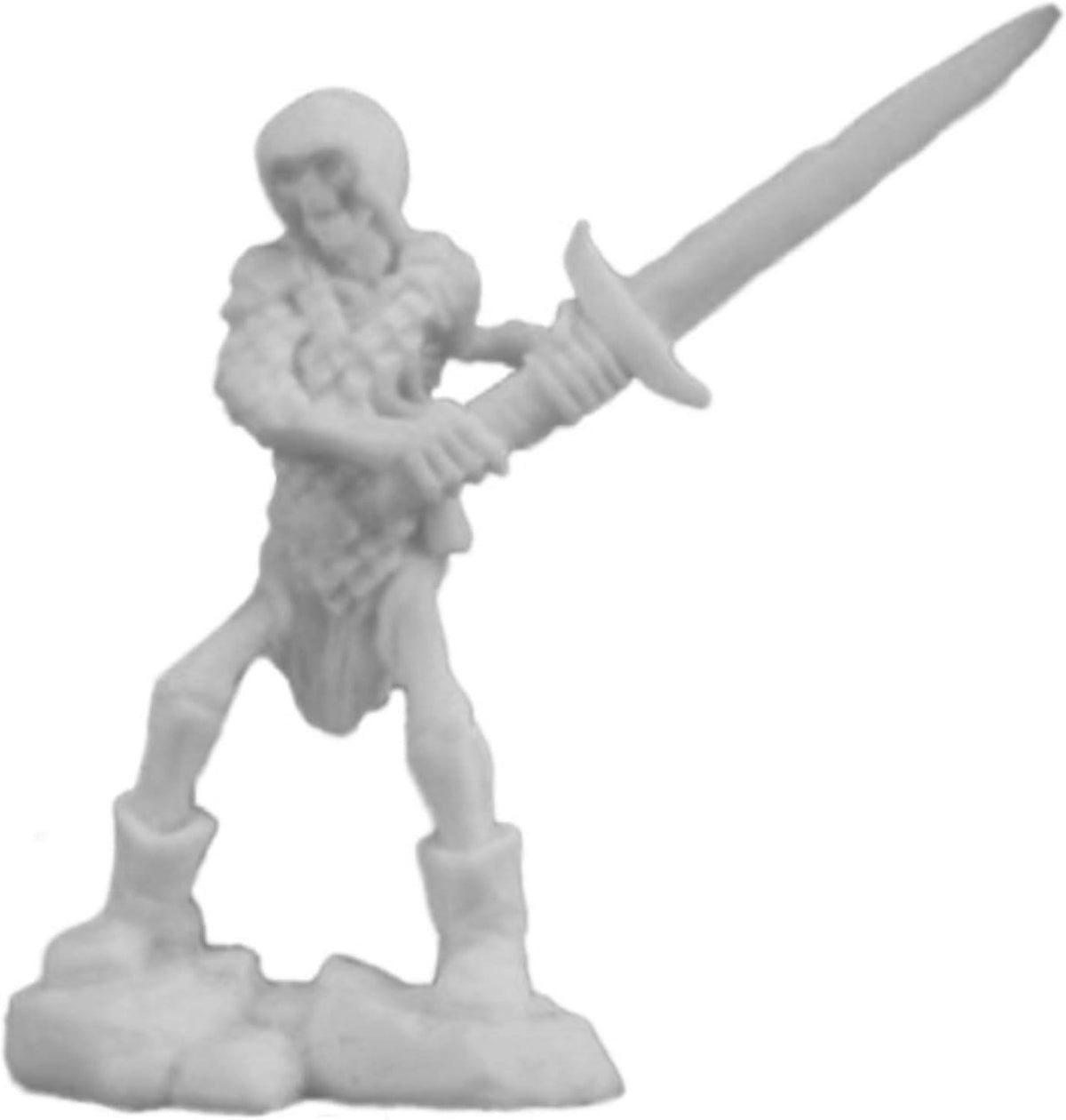 Undead skeleton miniature wearing armor and wielding a two-handed sword. (73 characters)