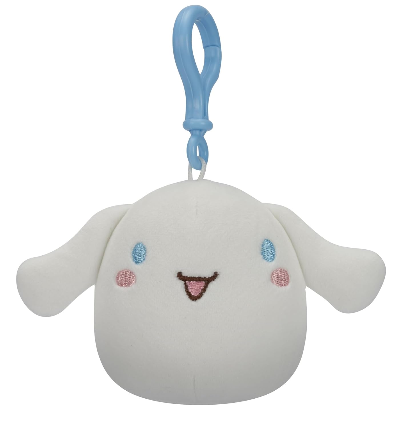 White plush character clip-on charm with embroidered blue tear marks and a smiling face