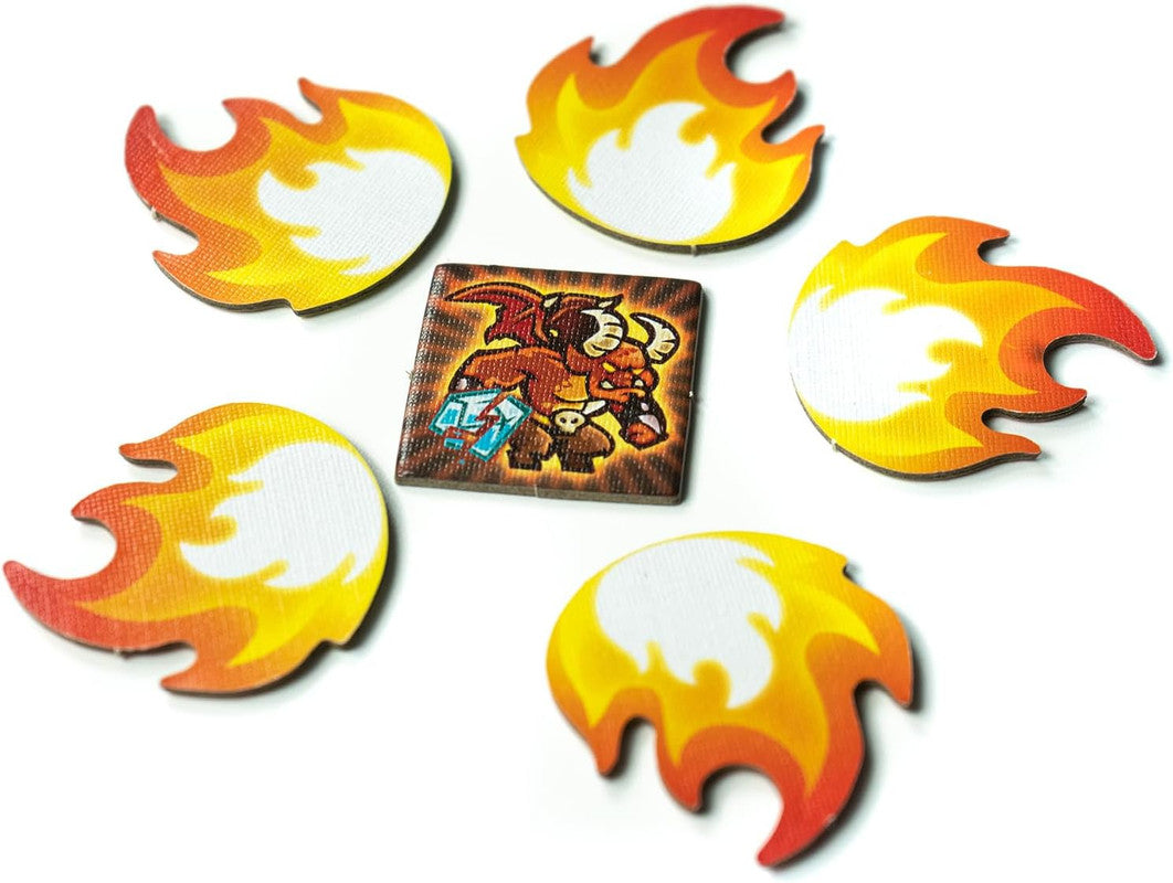 Monster token and six fire tokens for a board game on a white background