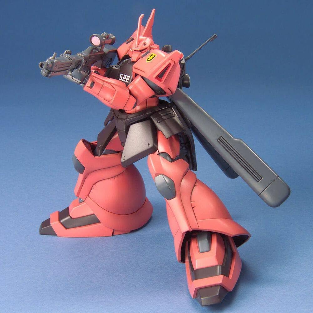 Red Mobile Suit robot model holding a rifle in an aiming stance