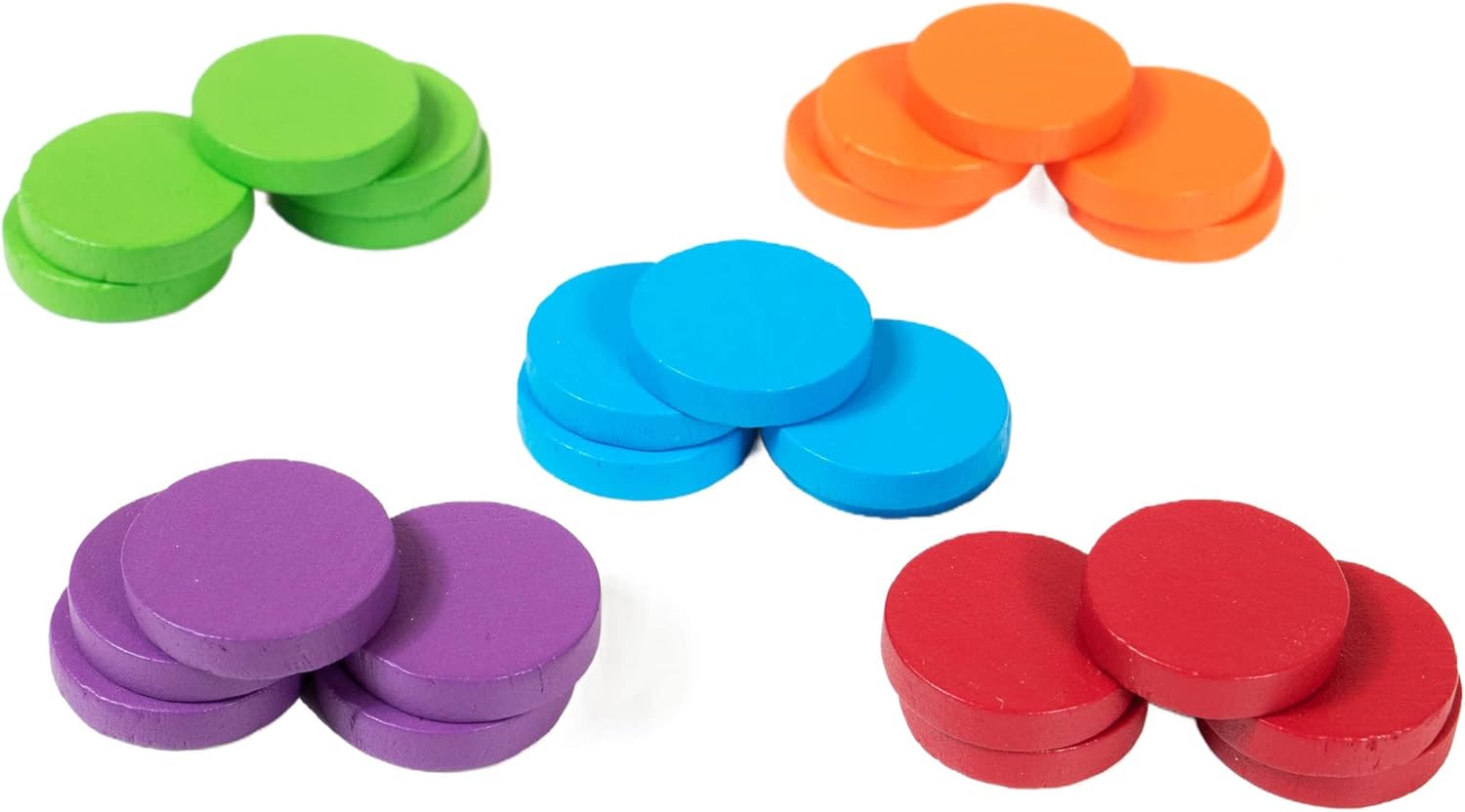 Five colourful stacks of wooden counters: red, orange, green, blue, and purple