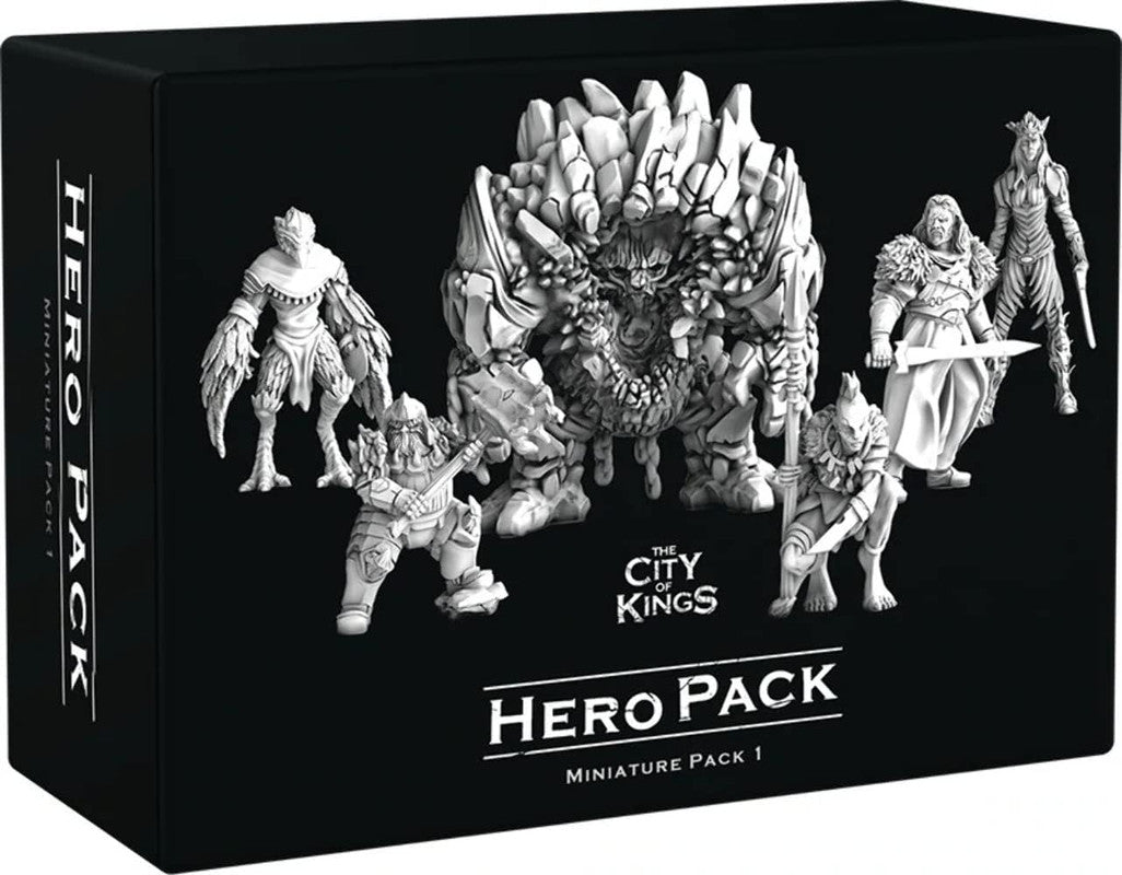Black "Hero Pack" box displaying six unpainted fantasy miniatures: a large golem and various heroes from The City of Kings