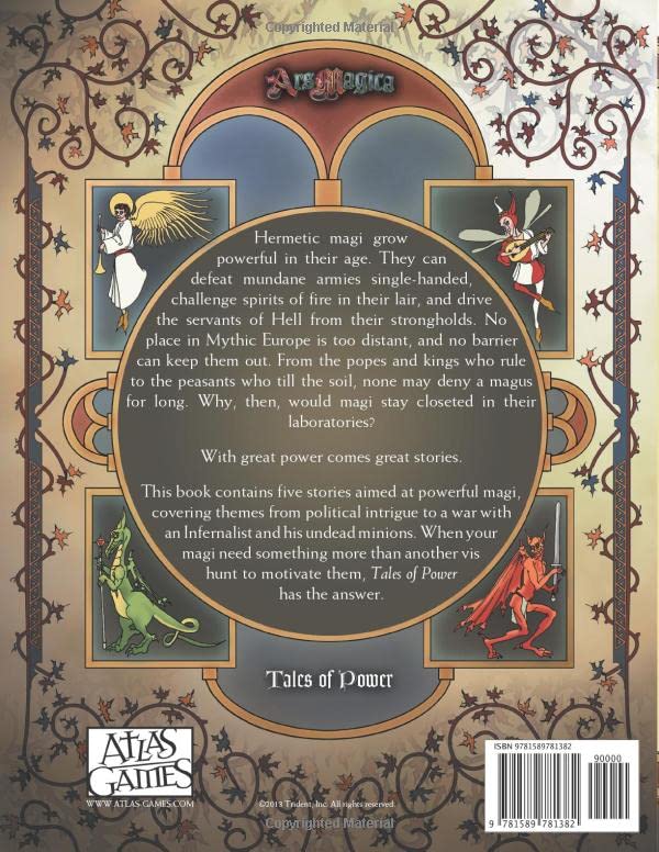 Ars Magica Fifth Edition Tales of Power sourcebook featuring a medieval-style cover with illustrations of a divine angel a fae creature playing a lute a green dragon and a winged infernal figure wielding a sword