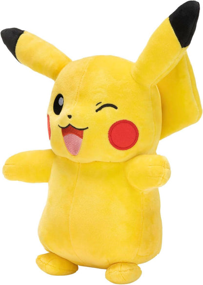 Yellow Pikachu plush toy winking with its tongue extended