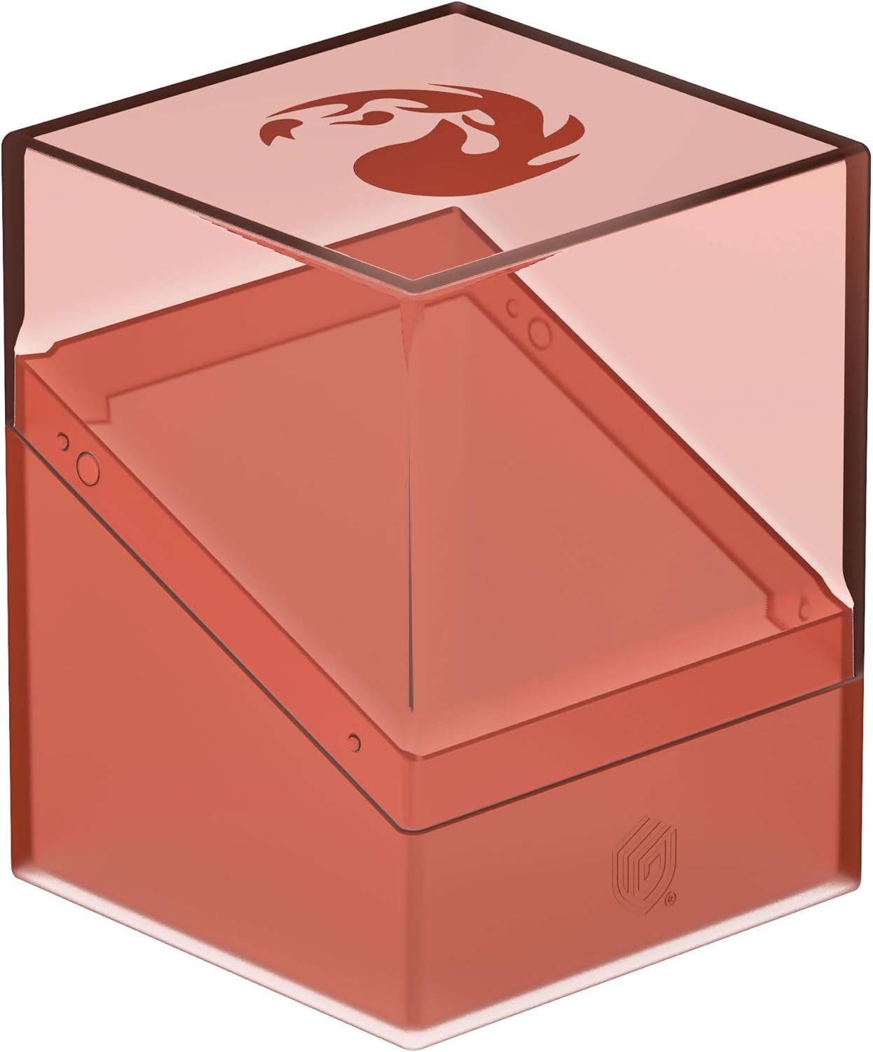 Translucent red plastic deck box with the Magic: The Gathering red mana symbol engraved on the lid