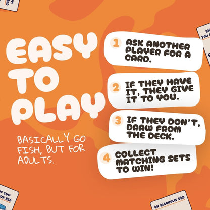 Rules graphic: "Easy To Play" instructions for an adult card game similar to Go Fish, involving asking for cards and collecting sets