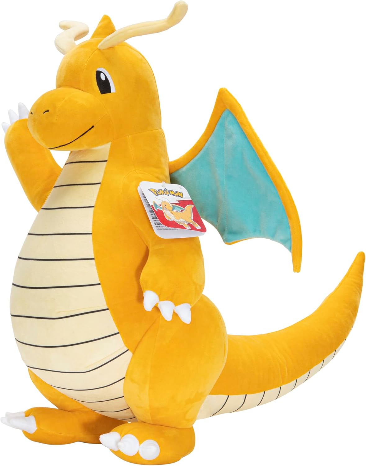 Large orange Dragonite Pokemon plush toy with light blue wings and product tag