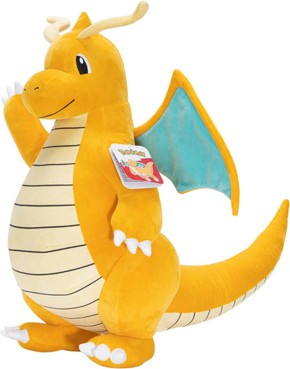 Large orange Dragonite Pokemon plush toy with light blue wings and product tag