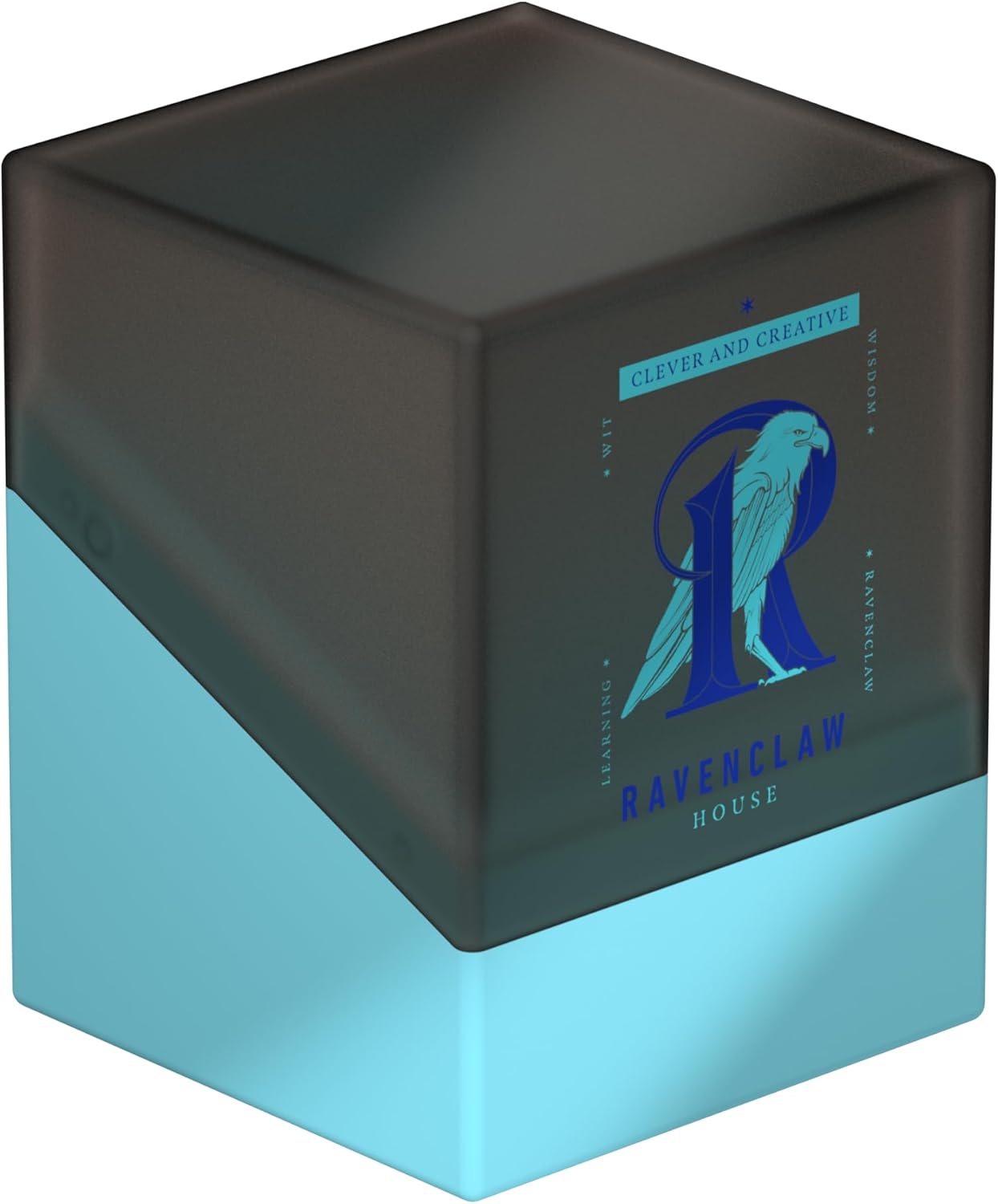 Blue and dark gray cube box decorated with the Ravenclaw House eagle crest and motto