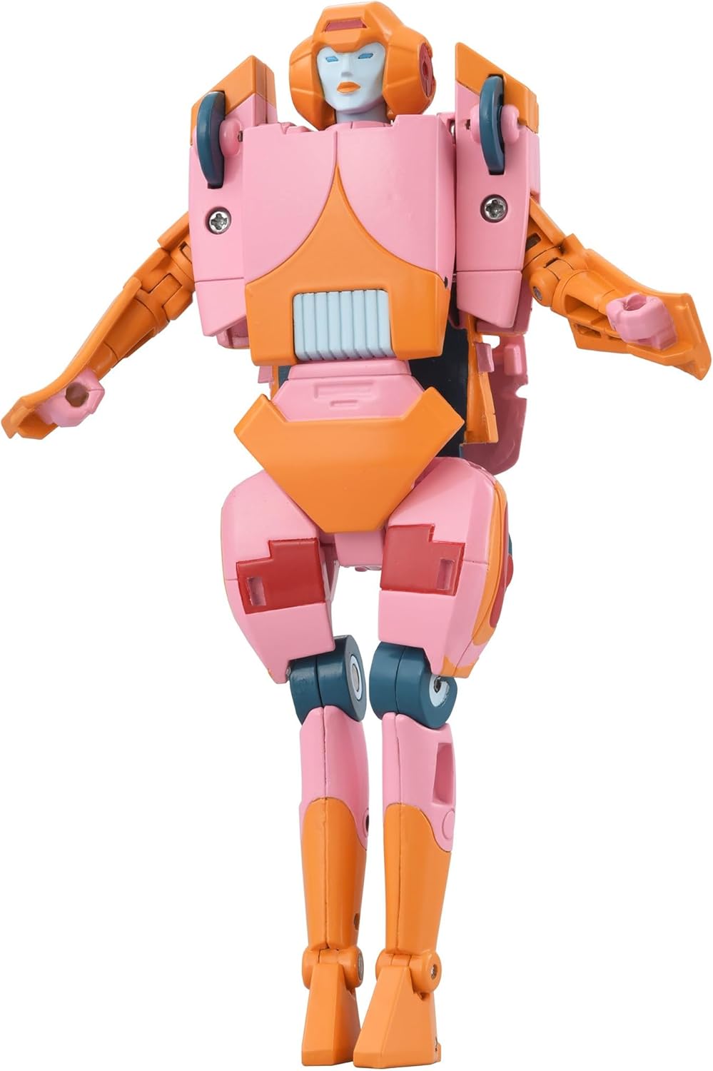 Pink and orange Transformer action figure (Arcee) standing against a white background