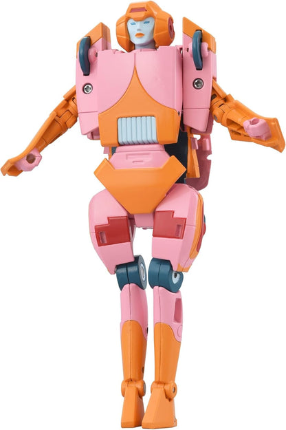 Pink and orange Transformer action figure (Arcee) standing against a white background