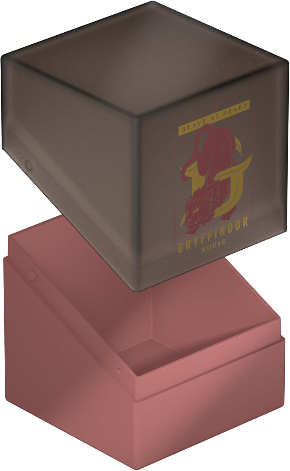 Open Gryffindor deck box. Black lid with lion crest shown separated from maroon base