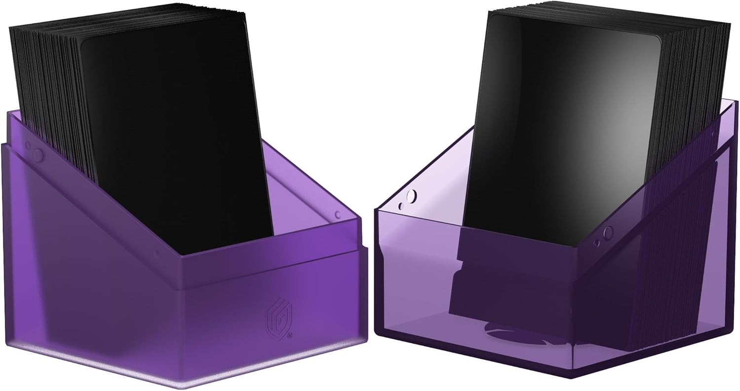 Two purple translucent card holders filled with thick stacks of black gaming card sleeves