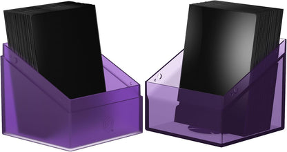 Two purple translucent card holders filled with thick stacks of black gaming card sleeves