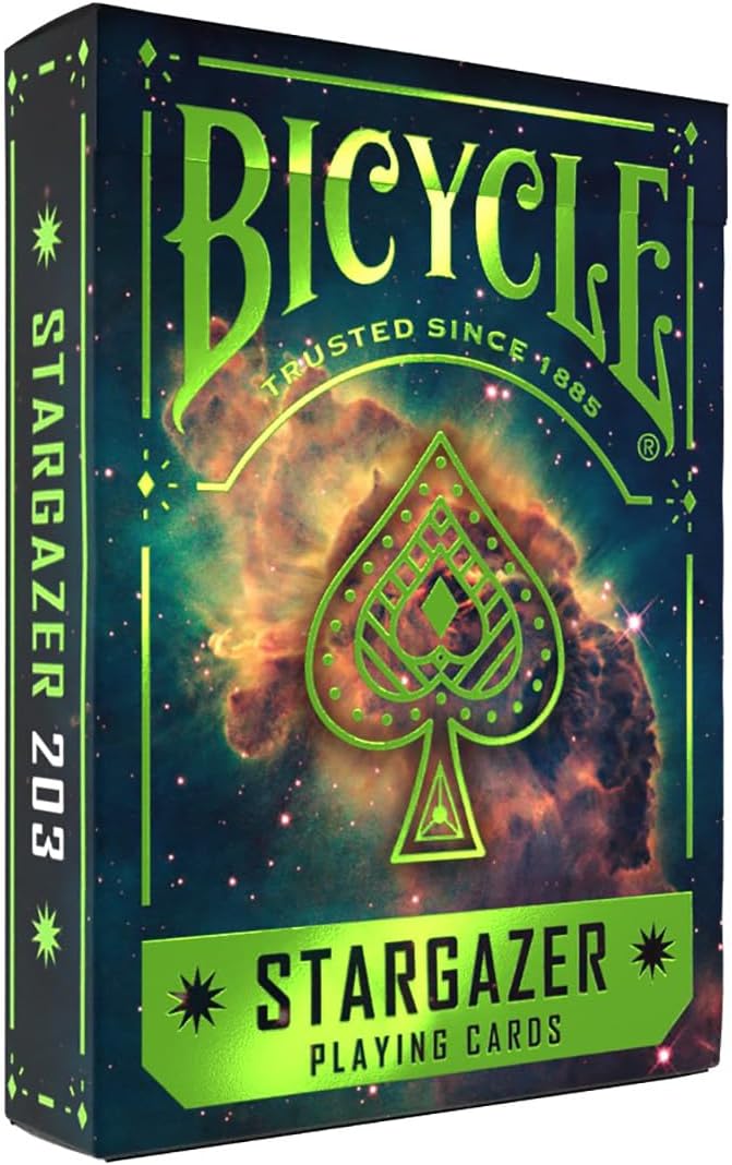 Bicycle Stargazer playing cards tuck box, featuring a neon green spade design over a cosmic nebula background