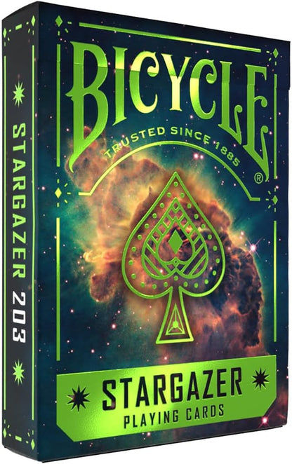 Bicycle Stargazer playing cards tuck box, featuring a neon green spade design over a cosmic nebula background