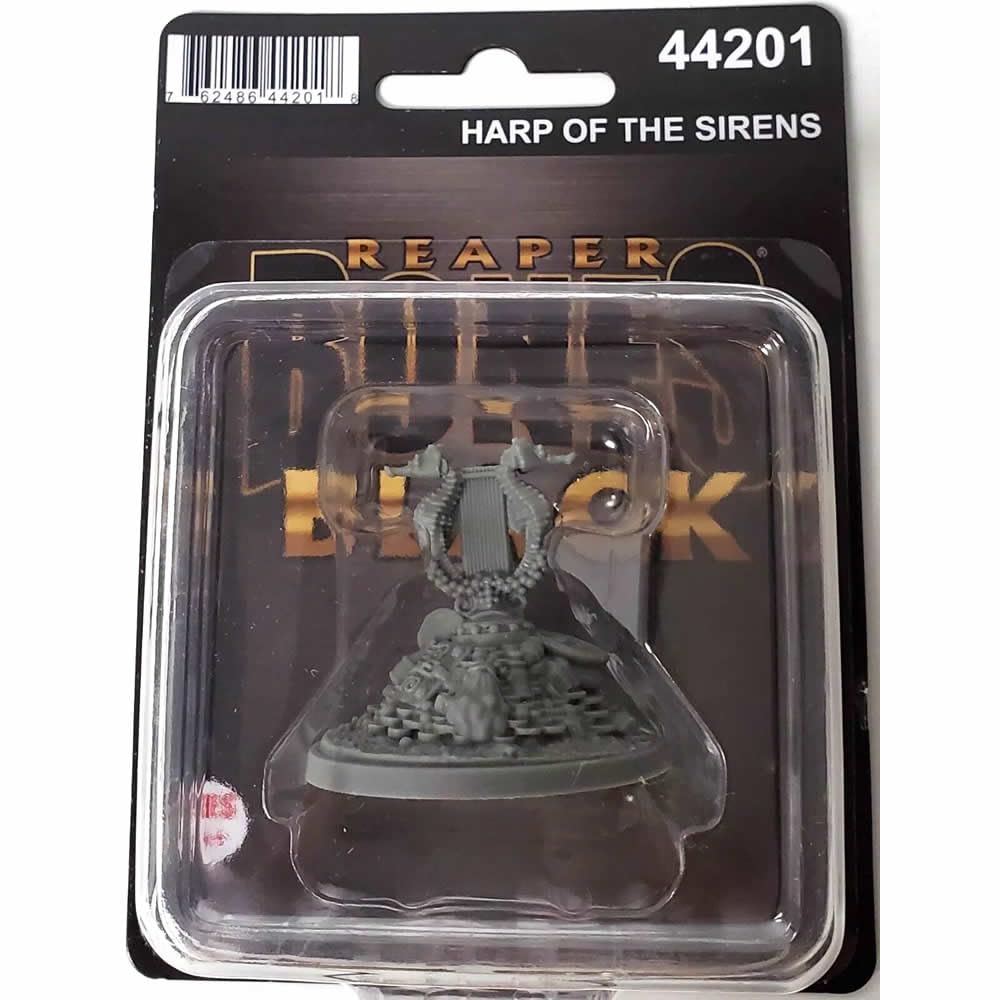 A grey Harp Of The Sirens miniature featuring a harp with seahorse-like supports, packaged in a clear blister pack