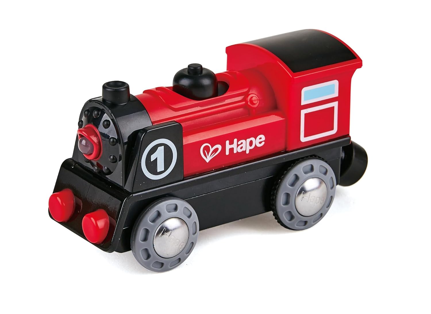 Red and black Hape wooden toy train engine, numbered 1, isolated on white