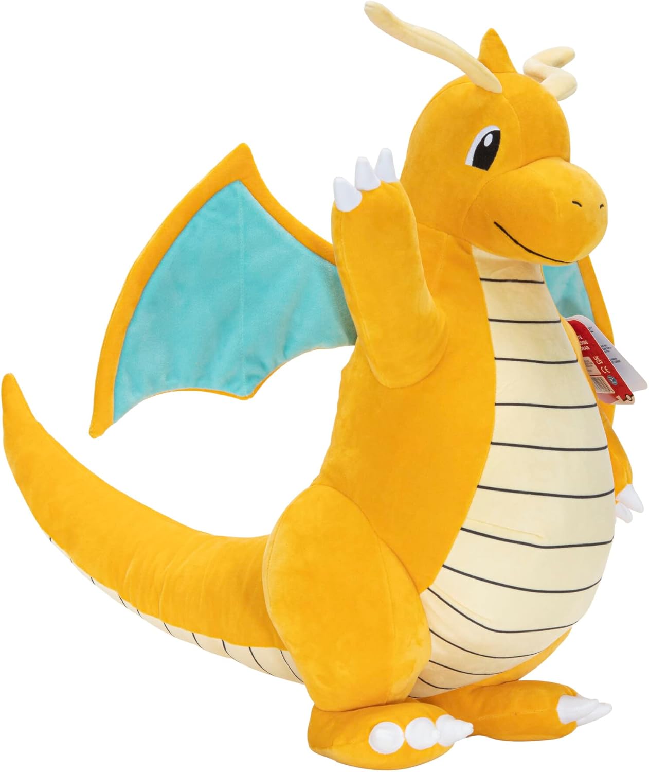 Large Dragonite Pokemon plush toy with blue wings, waving its right arm