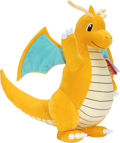 Large Dragonite Pokemon plush toy with blue wings, waving its right arm