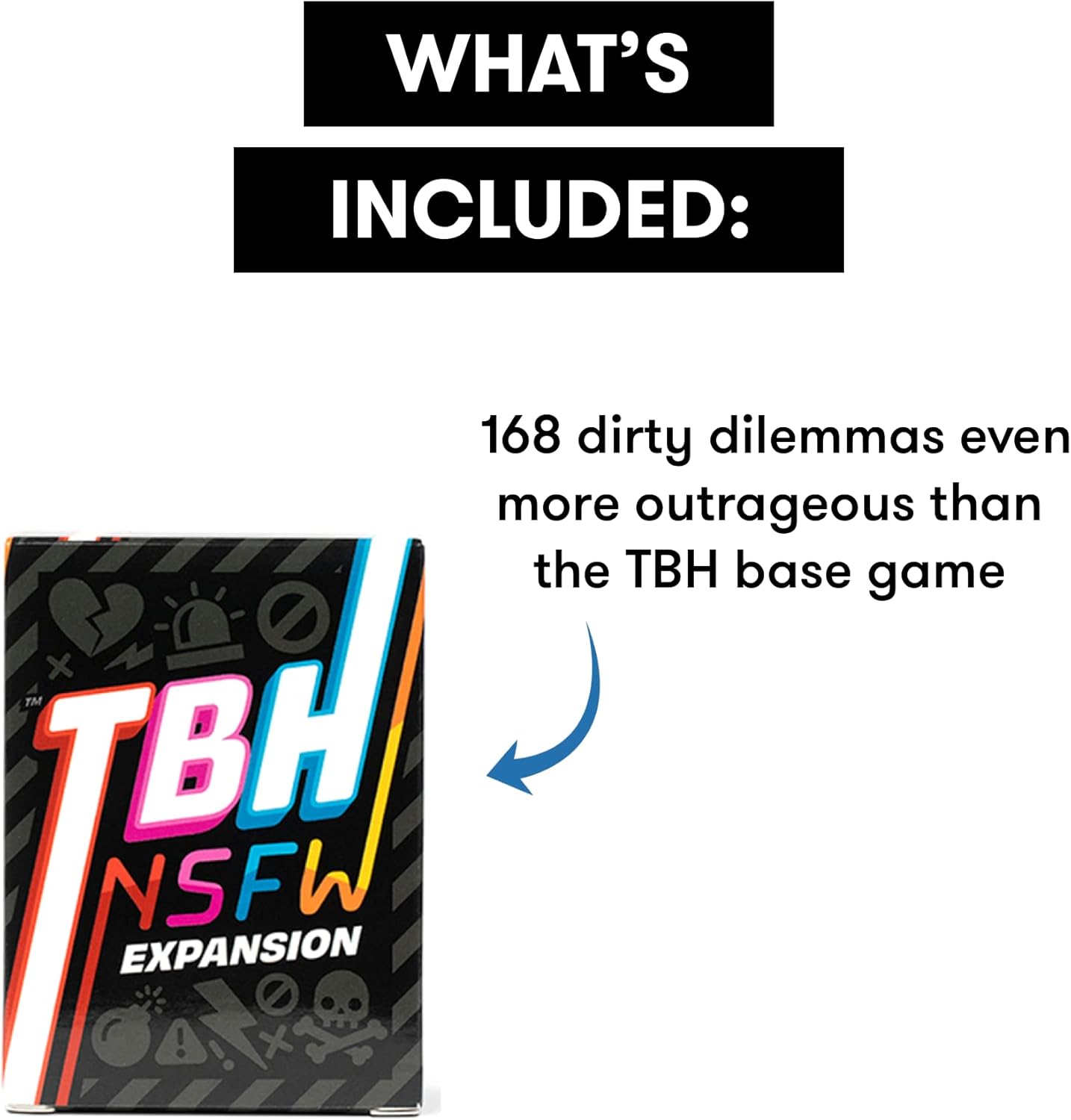 Box for the TBH NSFW Expansion game, detailing that it includes 168 dirty dilemmas