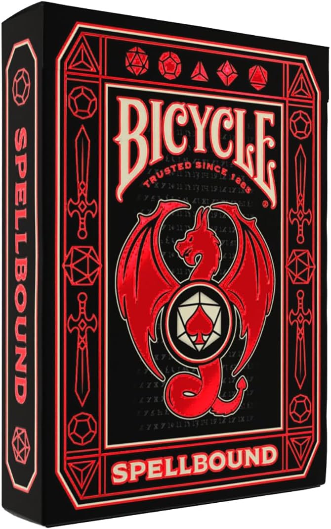 Bicycle Spellbound playing card tuck box. Black and red design featuring a fantasy winged dragon holding a spade logo