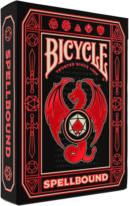 Bicycle Spellbound playing card tuck box. Black and red design featuring a fantasy winged dragon holding a spade logo