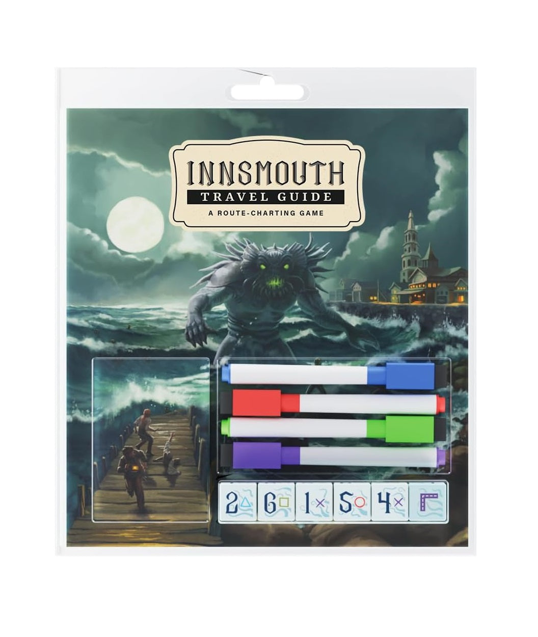 Innsmouth Travel Guide game package: a sea monster rises from stormy waters, packaged with four colored dry-erase markers