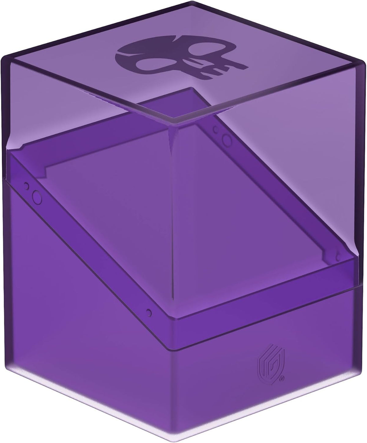 Purple translucent plastic storage box with a skull decal on the clear hinged lid