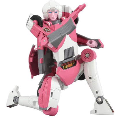 Pink and white Transformer action figure (Arcee) kneeling dynamically