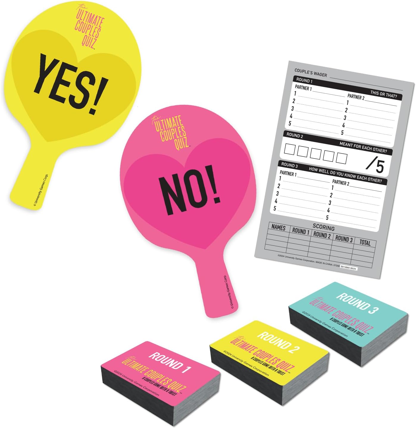 The Ultimate Couples Quiz game set showing YES/NO paddles, scorecard and round card stacks