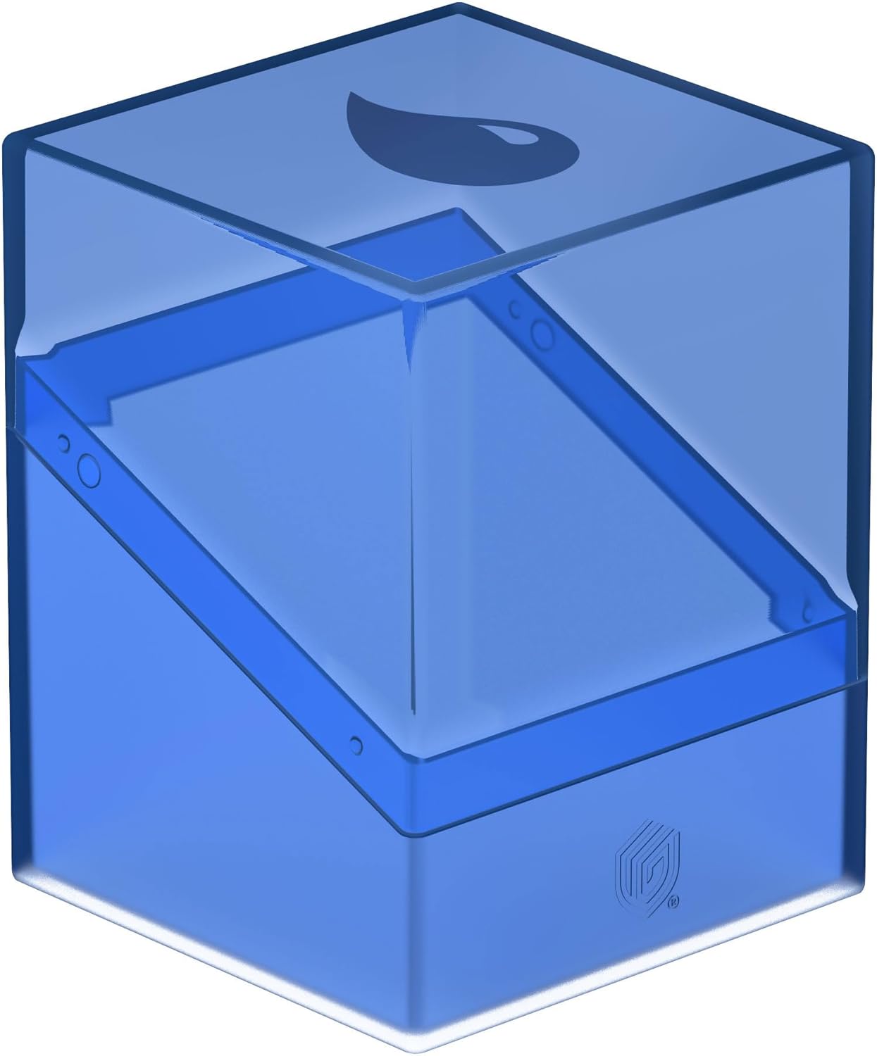 Transparent blue plastic storage box with a tilted lid and water drop logo.