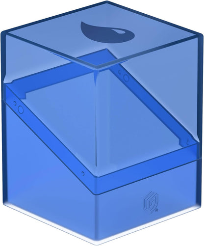 Transparent blue plastic storage box with a tilted lid and water drop logo.
