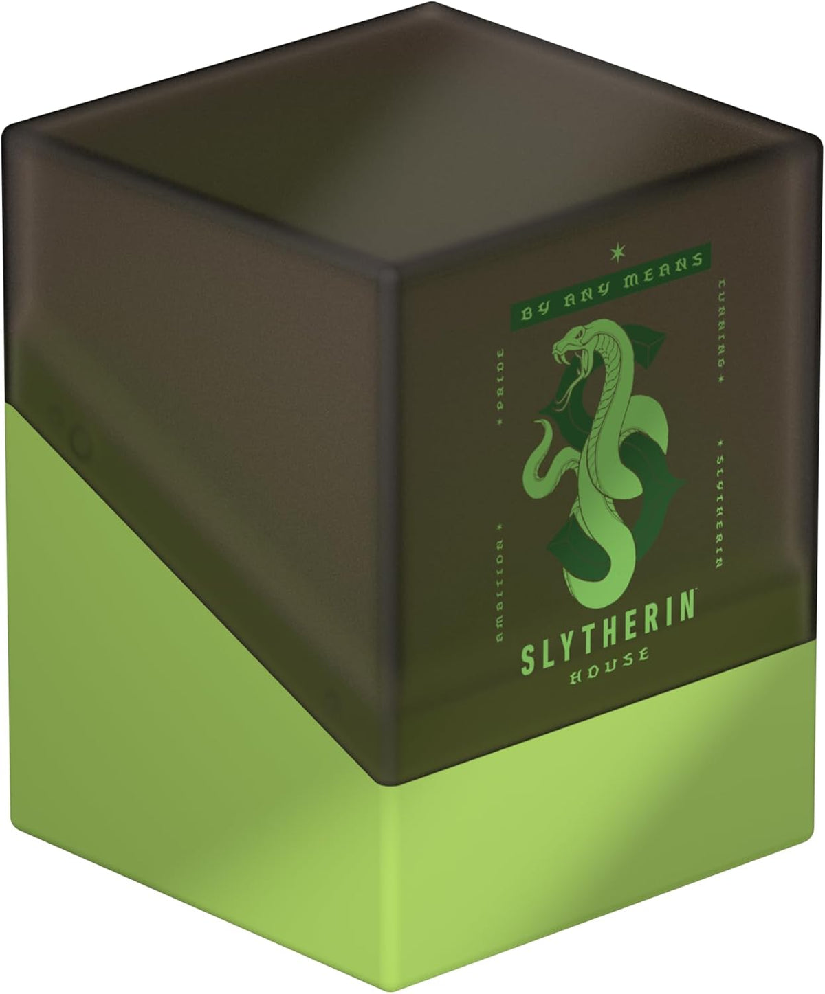 Two-toned cube container, dark green and lime green, with the Slytherin serpent crest and &quot;Slytherin House&quot; text