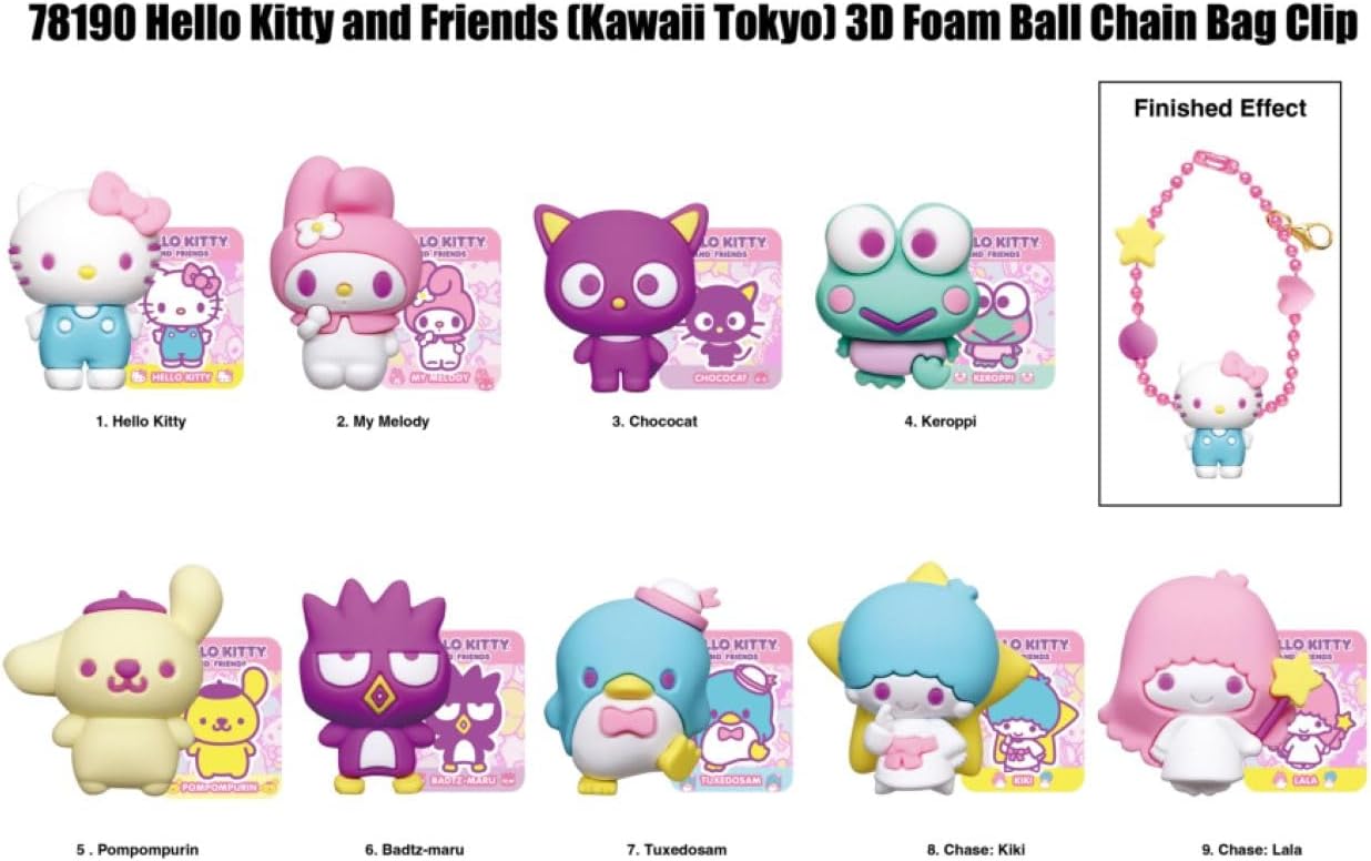 Nine Sanrio Friends 3D foam ball chain bag clips, including Hello Kitty, My Melody, and Tuxedosam