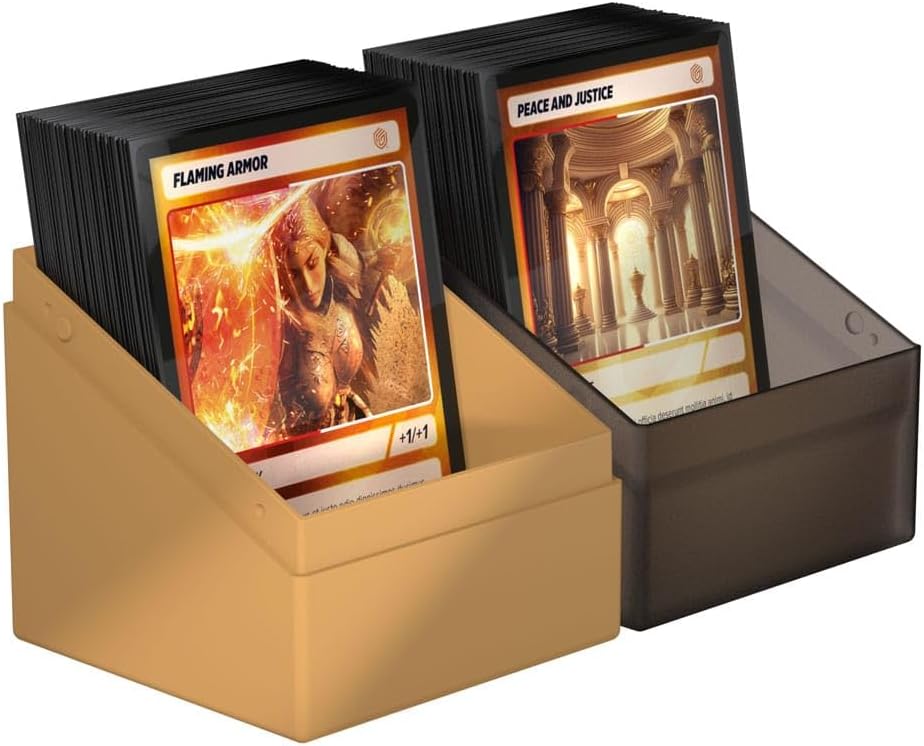 Two deck boxes (tan and smoked gray) filled with large stacks of black-sleeved trading cards