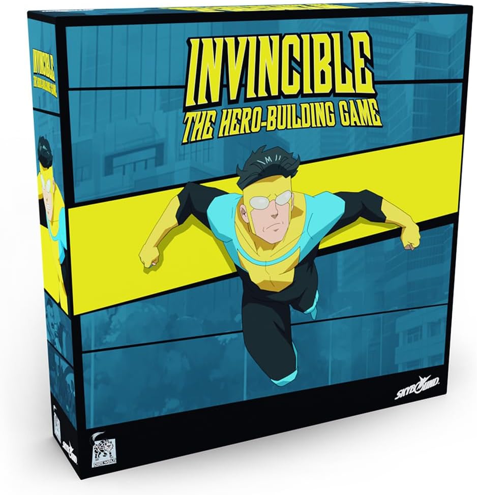 Box for the Invincible: The Hero-Building Game, featuring Mark Grayson flying against a blue city backdrop