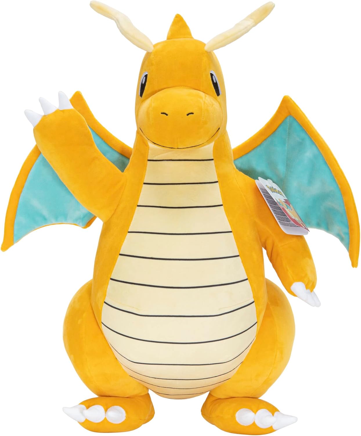 Orange Dragonite Pokemon plush toy standing with one arm raised in a wave